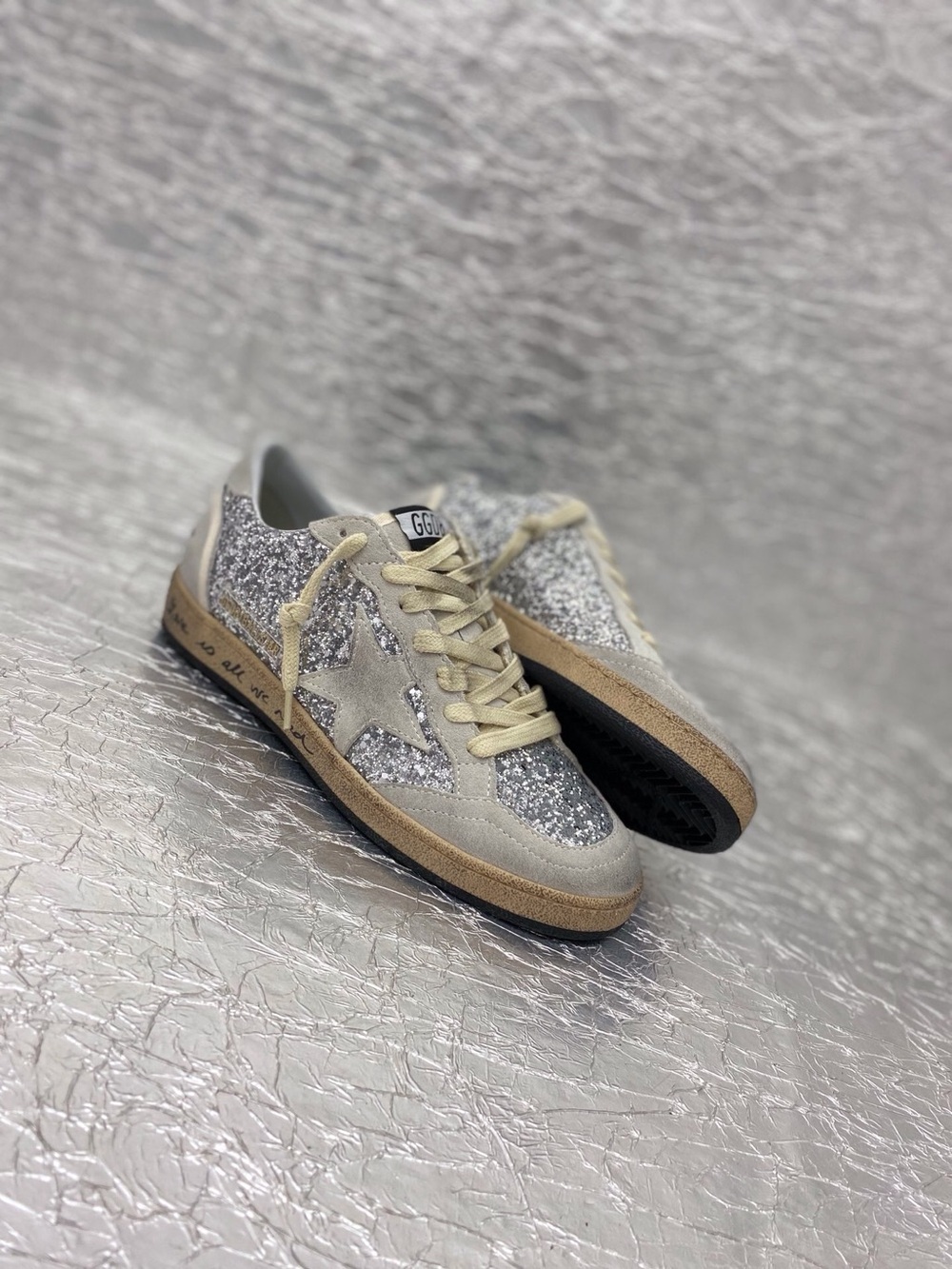 Golden Goose Silver Glitter Star Sneakers with Tan Accents